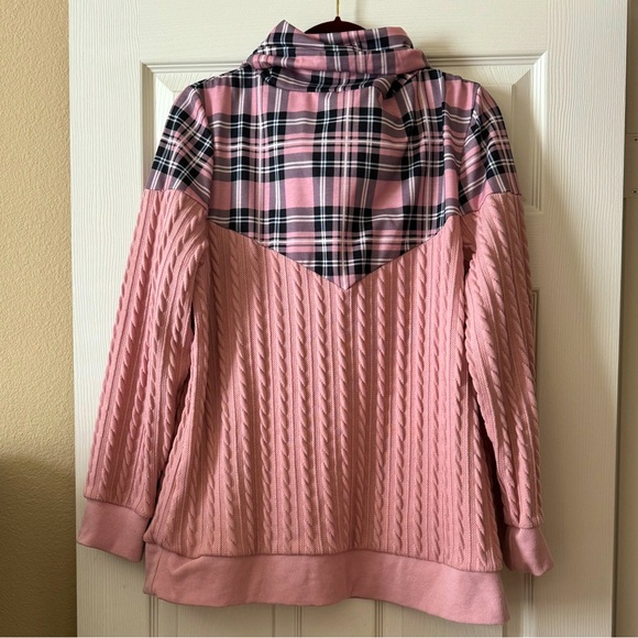 Pink Tartan Plaid Sweatshirt with Cowl Neck - Picture 3 of 5